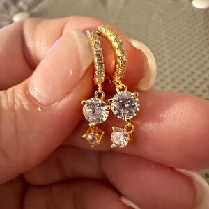 Gold-Tone Crystal Drop Huggie Earrings With a Double CZ Dangle Charm - Clear